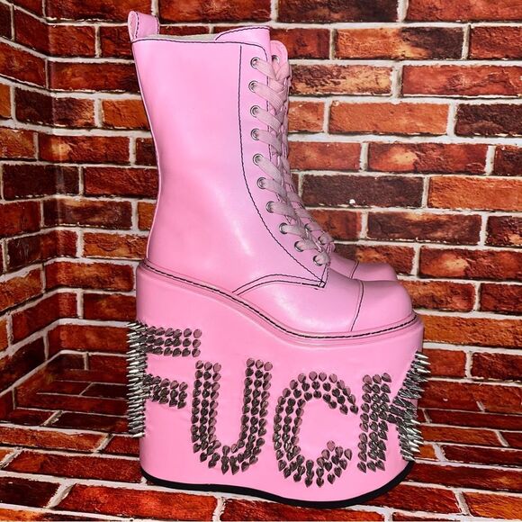 Current Mood NEW Never Censored F*CK OFF Platform Boots Spike Letters Pink Sz 8 - Picture 6 of 13